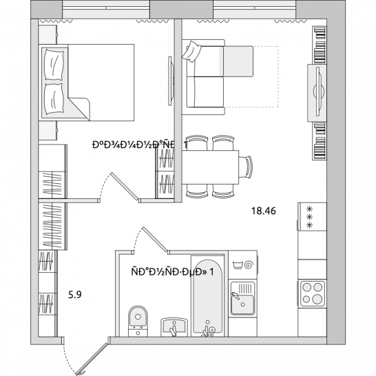 Однокомнатная квартира 39 м²
