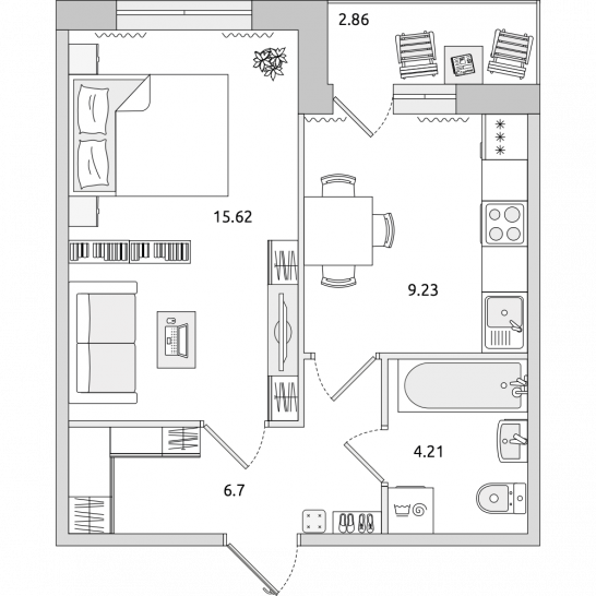 Однокомнатная квартира 39 м²