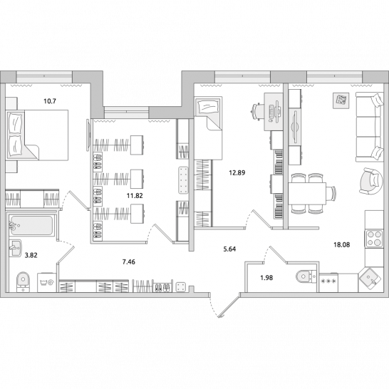 Двухкомнатная квартира 75 м²