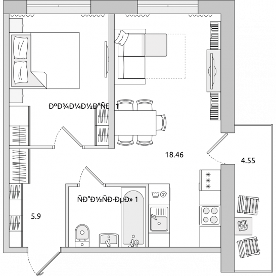 Однокомнатная квартира 43 м²