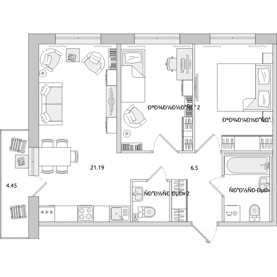 Двухкомнатная квартира 62 м²