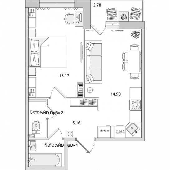 Однокомнатная квартира 40 м²