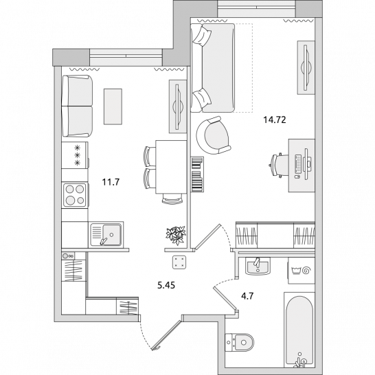 Однокомнатная квартира 37 м²