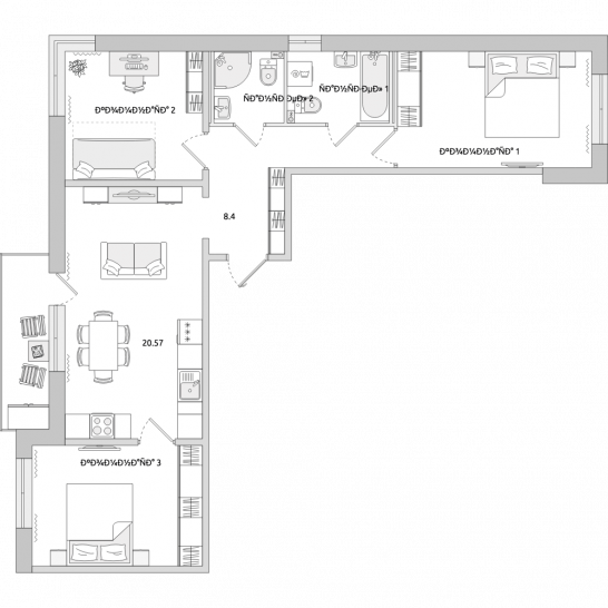 Трёхкомнатная квартира 77 м²