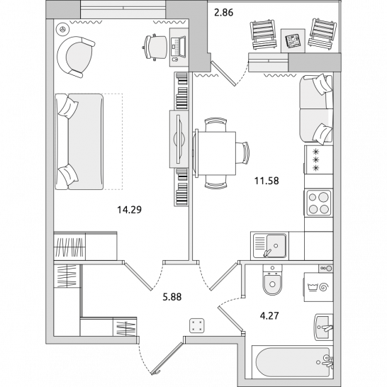 Однокомнатная квартира 39 м²
