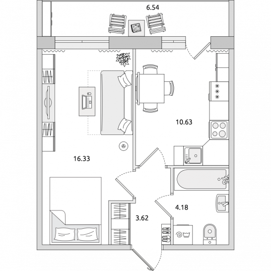 Однокомнатная квартира 41 м²