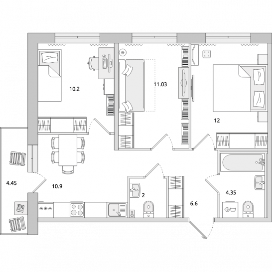 Трёхкомнатная квартира 62 м²