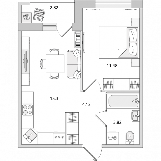 Однокомнатная квартира 38 м²