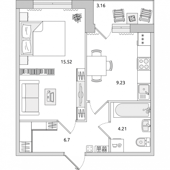 Однокомнатная квартира 39 м²