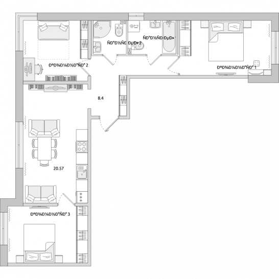 Трёхкомнатная квартира 72 м²