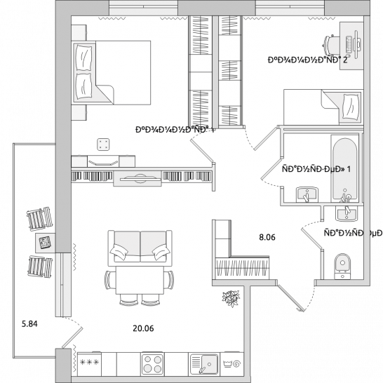 Двухкомнатная квартира 63 м²