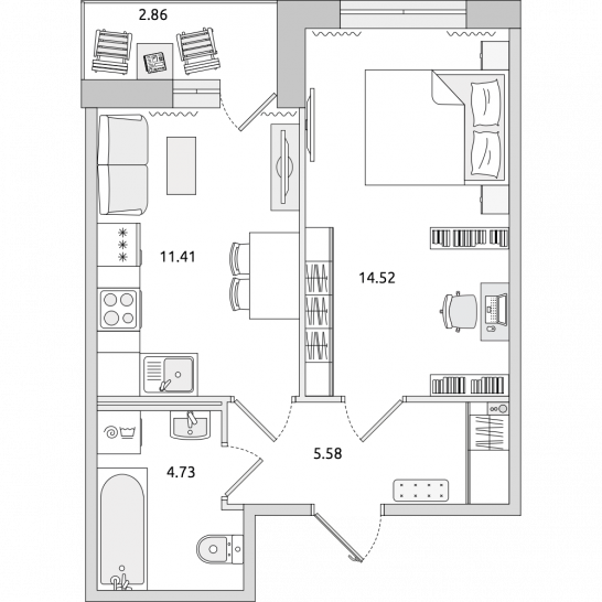 Однокомнатная квартира 39 м²