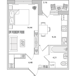 Однокомнатная квартира 38 м²