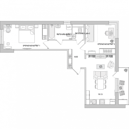 Двухкомнатная квартира 64 м²
