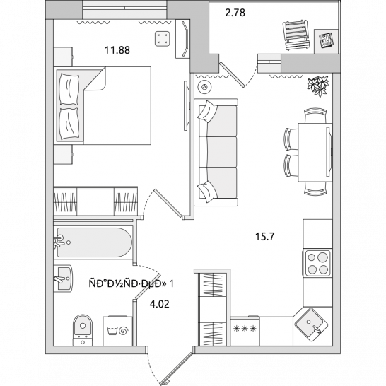 Однокомнатная квартира 39 м²