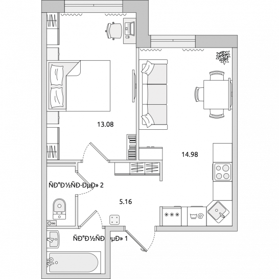 Однокомнатная квартира 37 м²