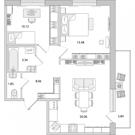 Двухкомнатная квартира 63 м²