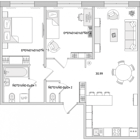 Двухкомнатная квартира 69 м²